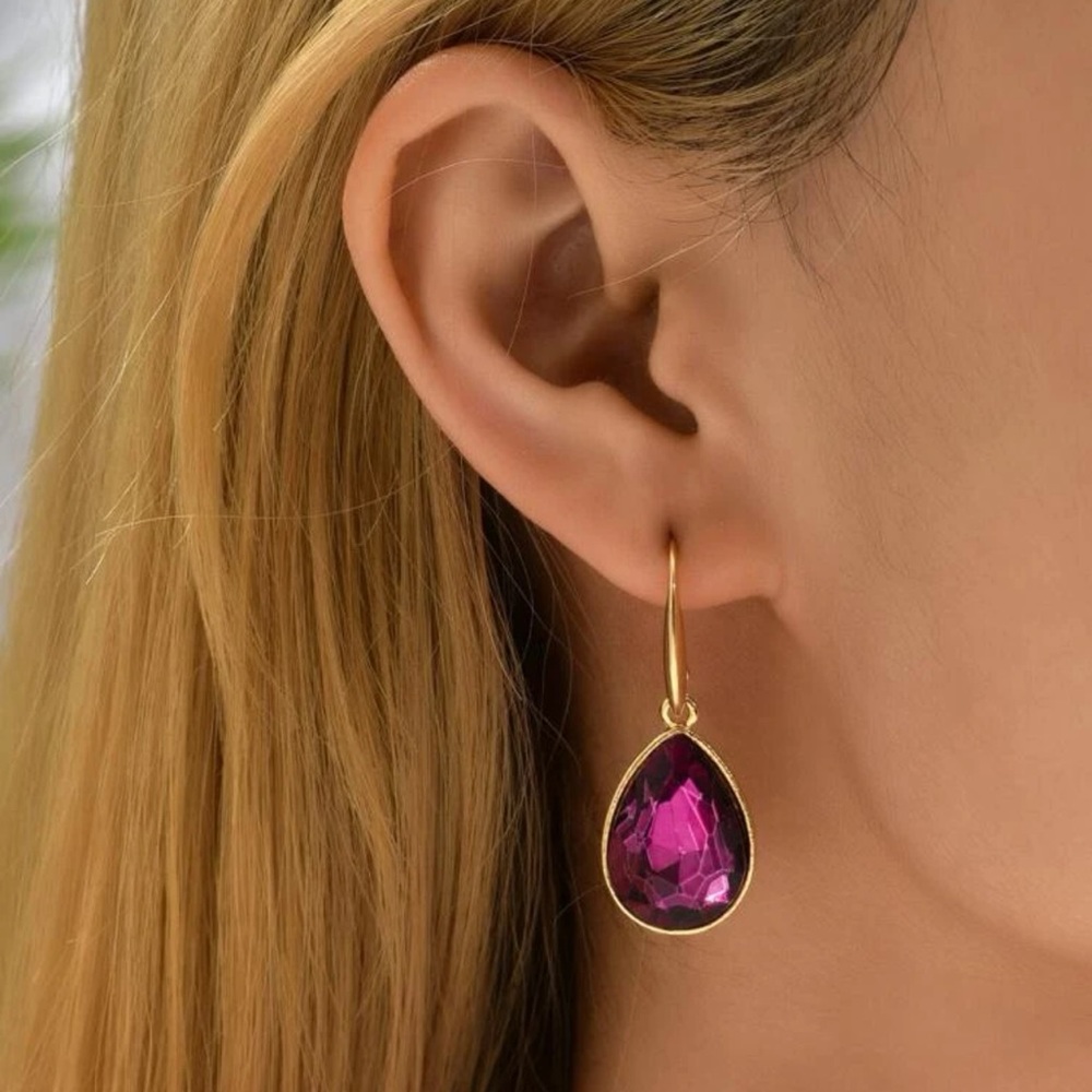 Purple Gemstone Teardrop Earrings | Gold Tone Pear Drop
